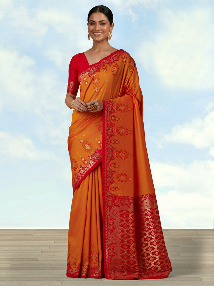 Amber Semi Banarasi Silk Blend Saree with Zari Woven Work | SHOBITAM