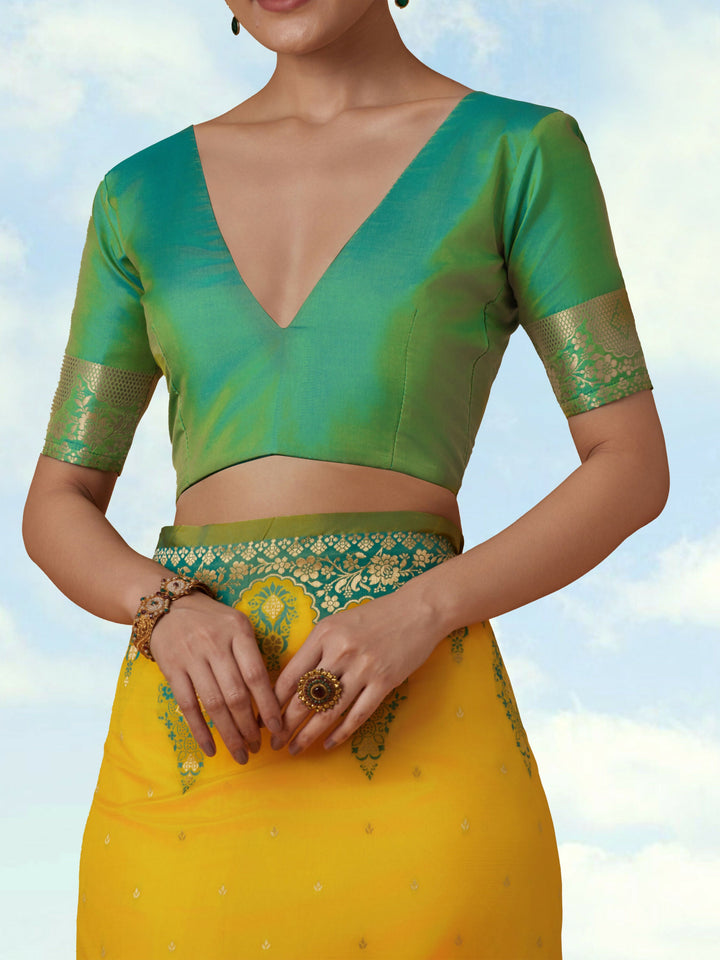 Yellow Semi Banarasi Silk Blend Saree with Zari Woven Work | SHOBITAM