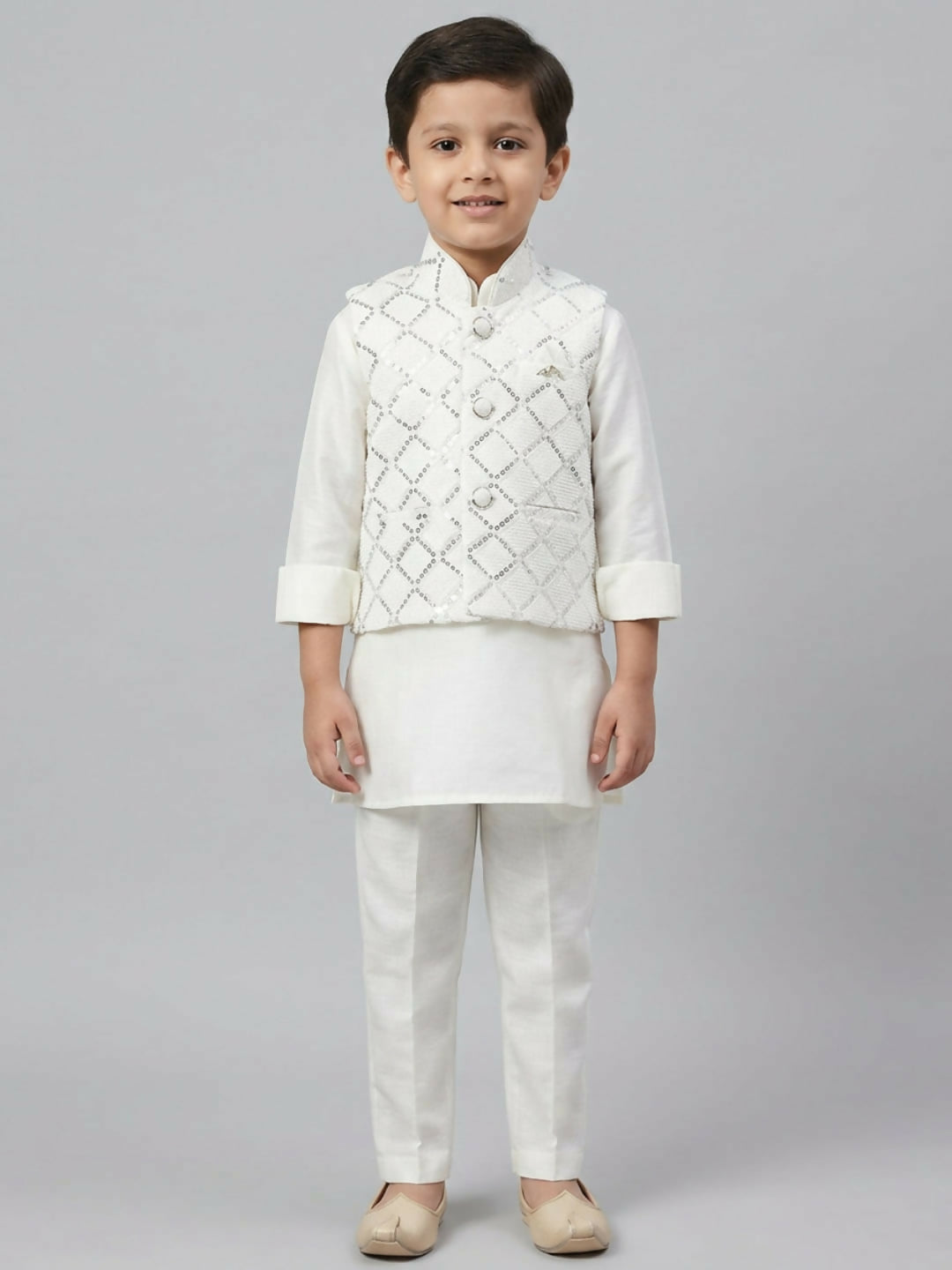 Boys White Kurta Pajama Set with Embroidered Nehru Jacket | SHOBITAM