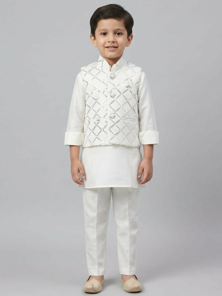 Boys White Kurta Pajama Set with Embroidered Nehru Jacket | SHOBITAM