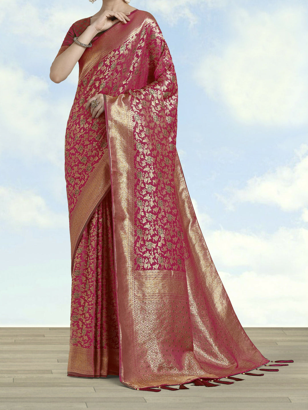 Magenta Banarasi Satin Silk Meenakari zari weaving Saree | SHOBITAM