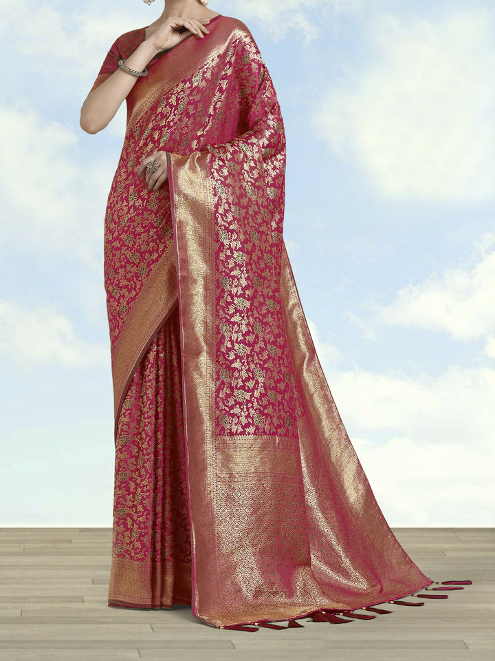 Magenta Banarasi Satin Silk Meenakari zari weaving Saree | SHOBITAM