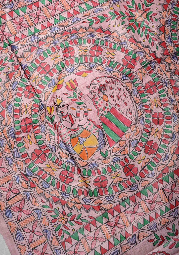 Pink Desi Tussar Madhubani Painting Saree | SILK MARK CERTIFIED