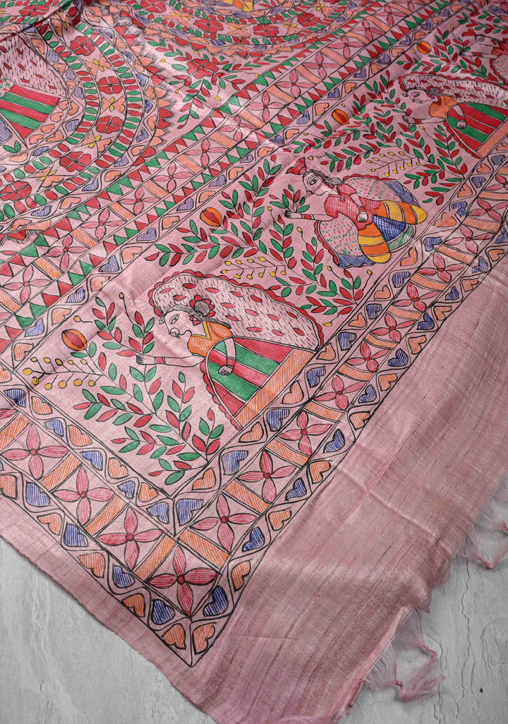 Pink Desi Tussar Madhubani Painting Saree | SILK MARK CERTIFIED