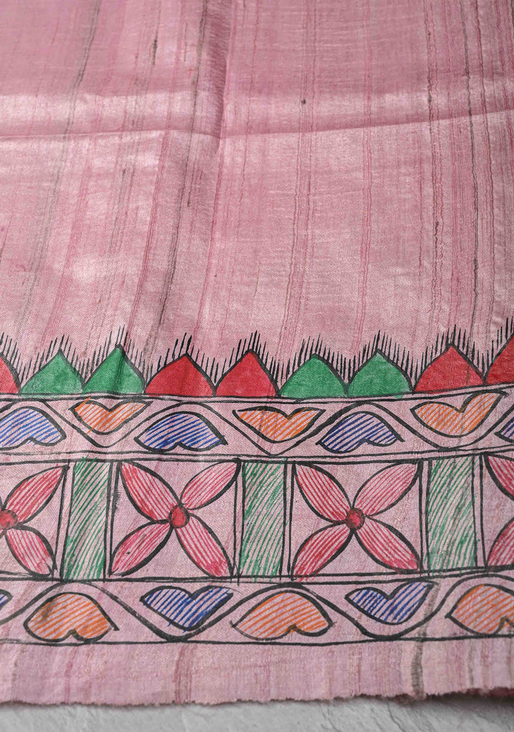 Pink Desi Tussar Madhubani Painting Saree | SILK MARK CERTIFIED