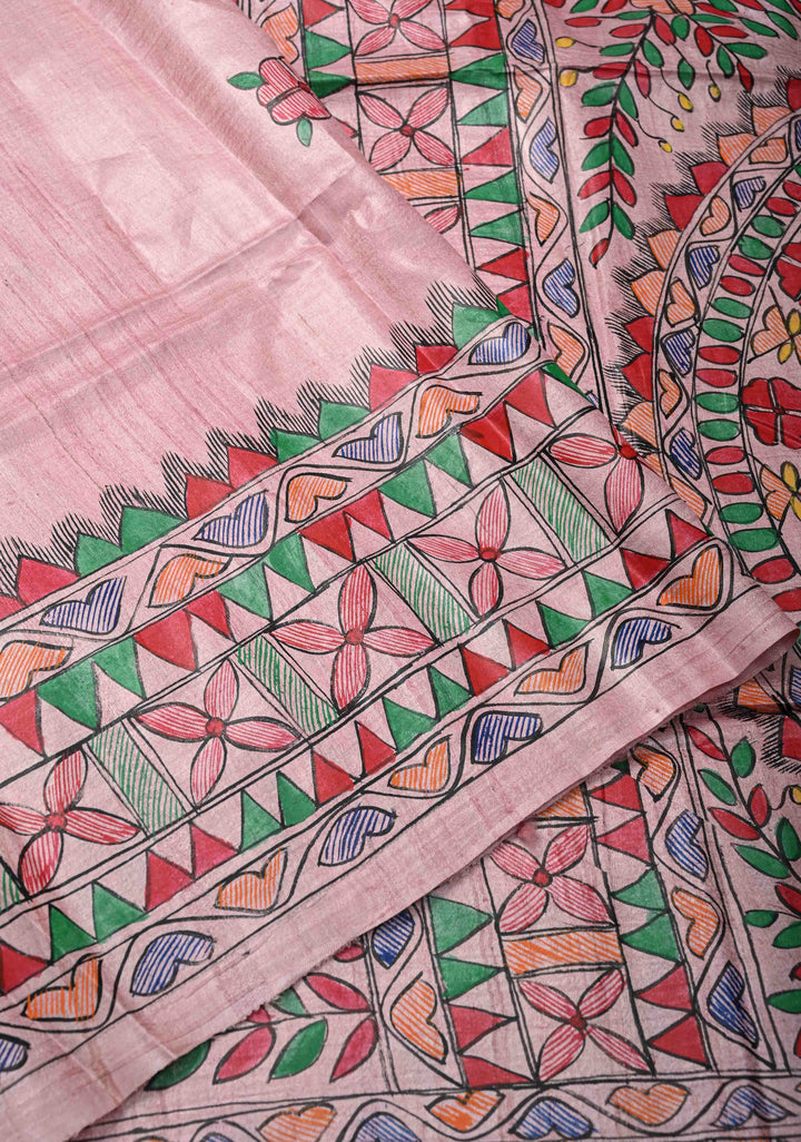 Pink Desi Tussar Madhubani Painting Saree | SILK MARK CERTIFIED