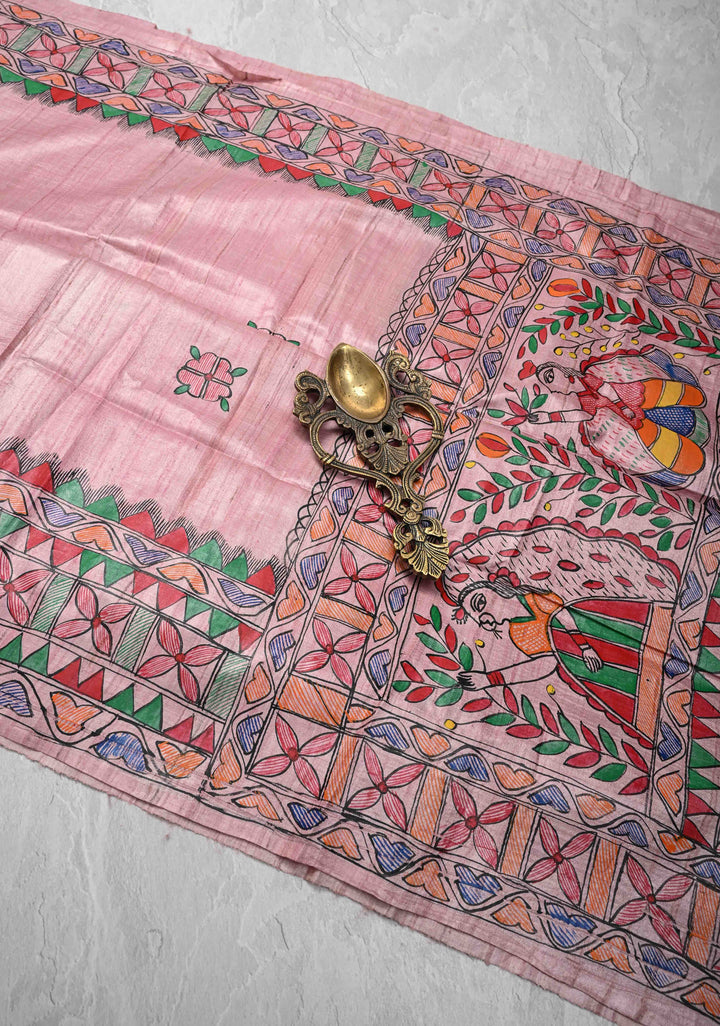 Pink Desi Tussar Madhubani Painting Saree | SILK MARK CERTIFIED