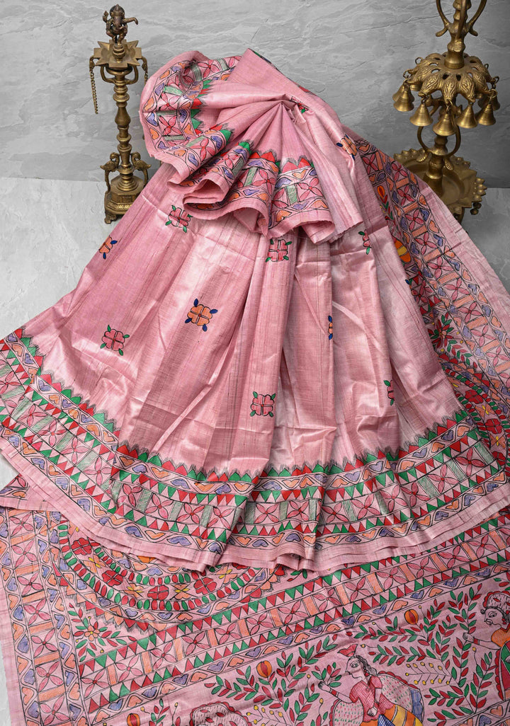Pink Desi Tussar Madhubani Painting Saree | SILK MARK CERTIFIED