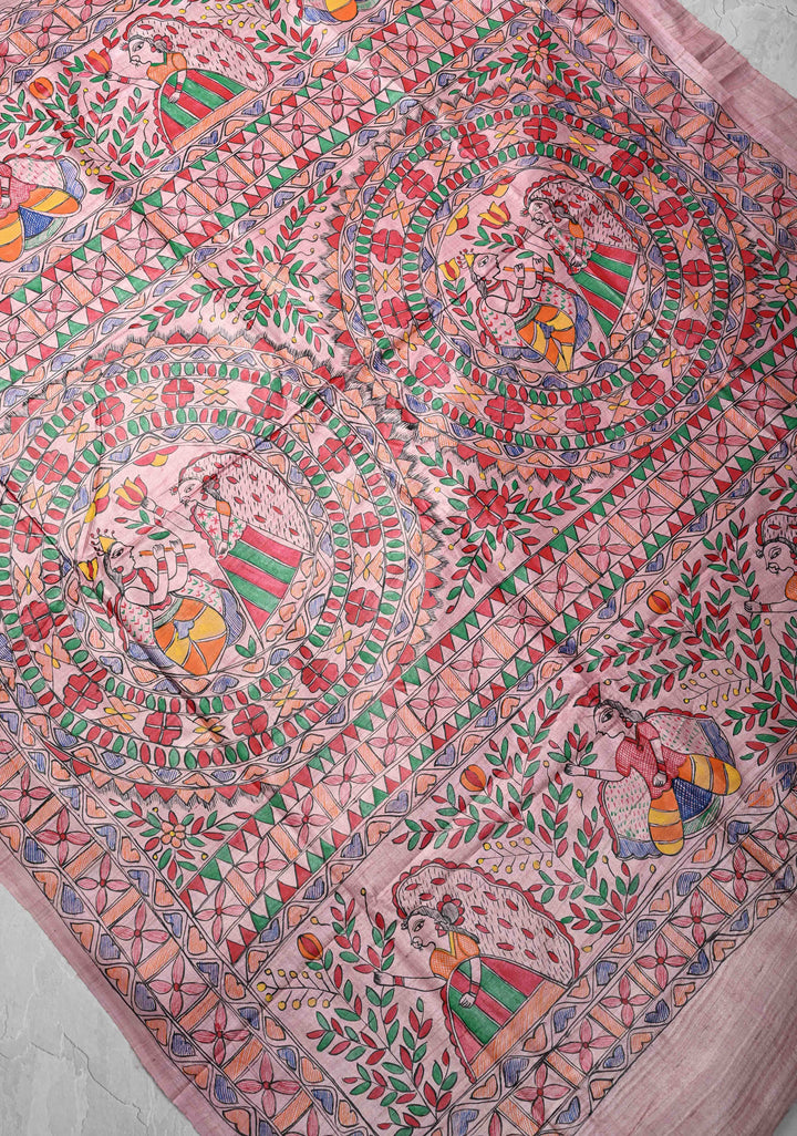 Pink Desi Tussar Madhubani Painting Saree | SILK MARK CERTIFIED