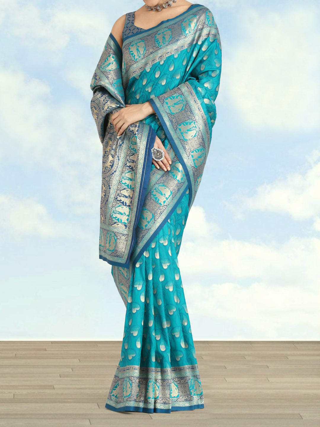 Turquoise blue Color Weaving Semi Banarasi Silk Saree| SHOBITAM