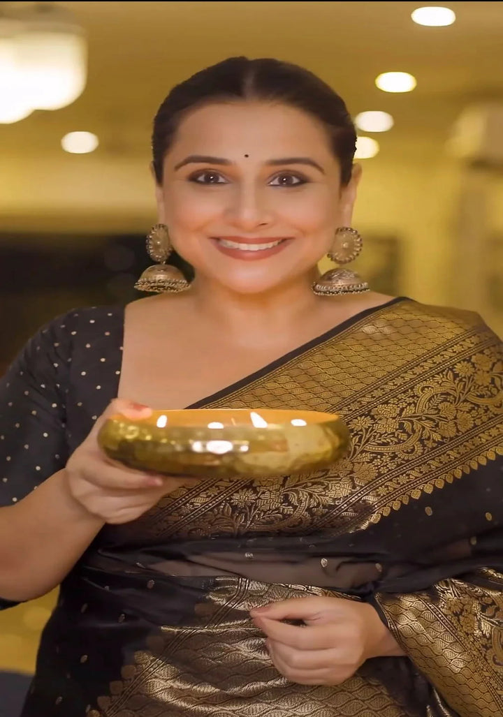 Celebrity Chanderi Silk Saree in Black with Zari chunri Butis and wide zari border