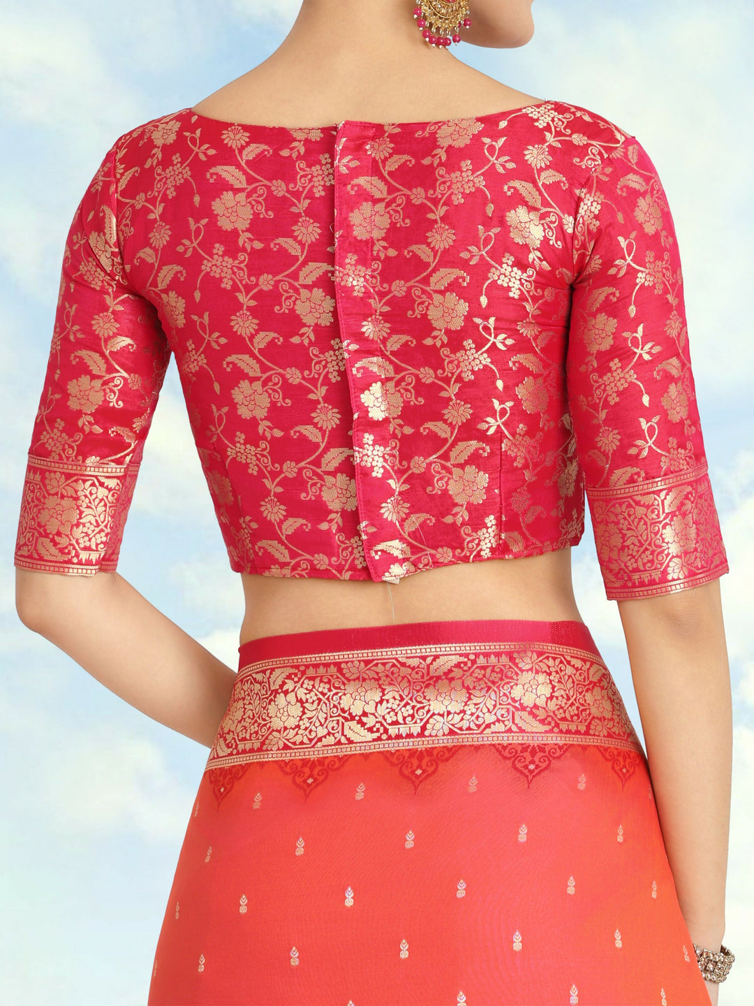 Semi Banarasi Silk Coral Pink Color Weaving Saree| Shobitam
