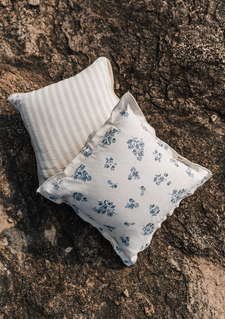 Whisper Blue Printed Linen Cushion Cover for Sofa with Flower Motif 16" x 16" | SHOBITAM