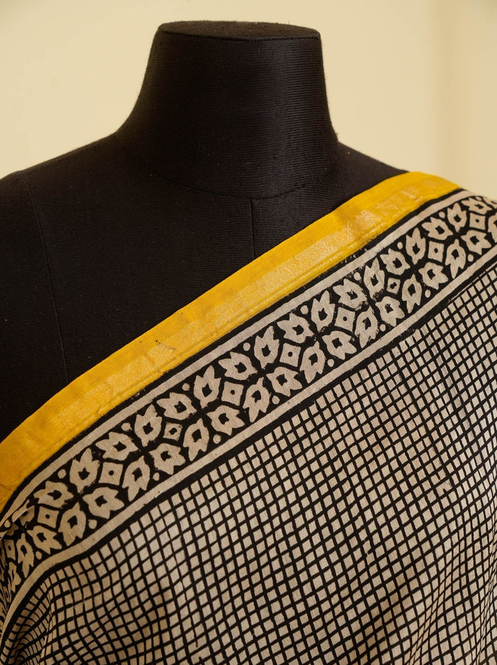 White Black Bagru Handblock printed Chanderi Silk Cotton Saree Check Mate | SHOBITAM