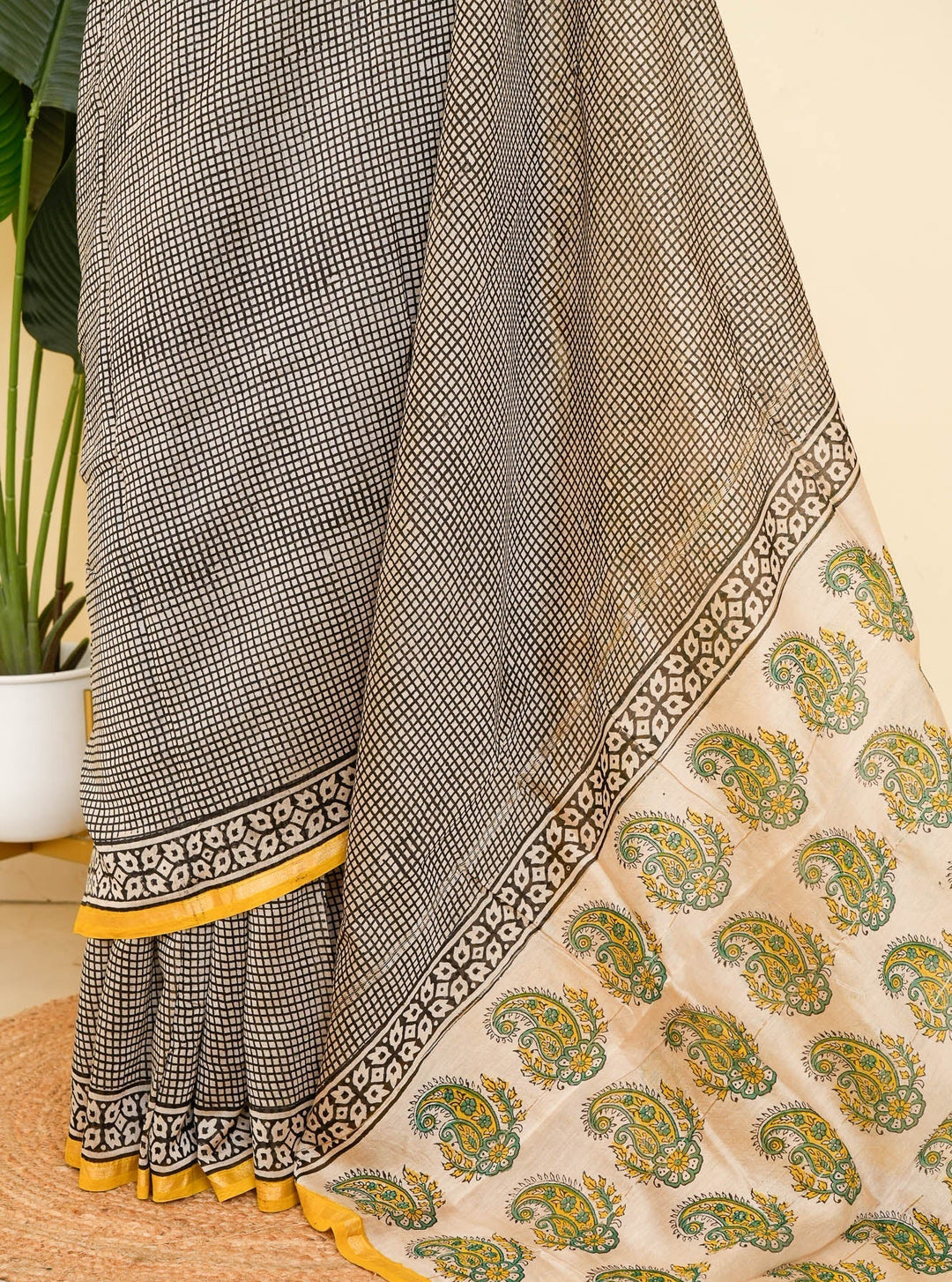 White Black Bagru Handblock printed Chanderi Silk Cotton Saree Check Mate | SHOBITAM