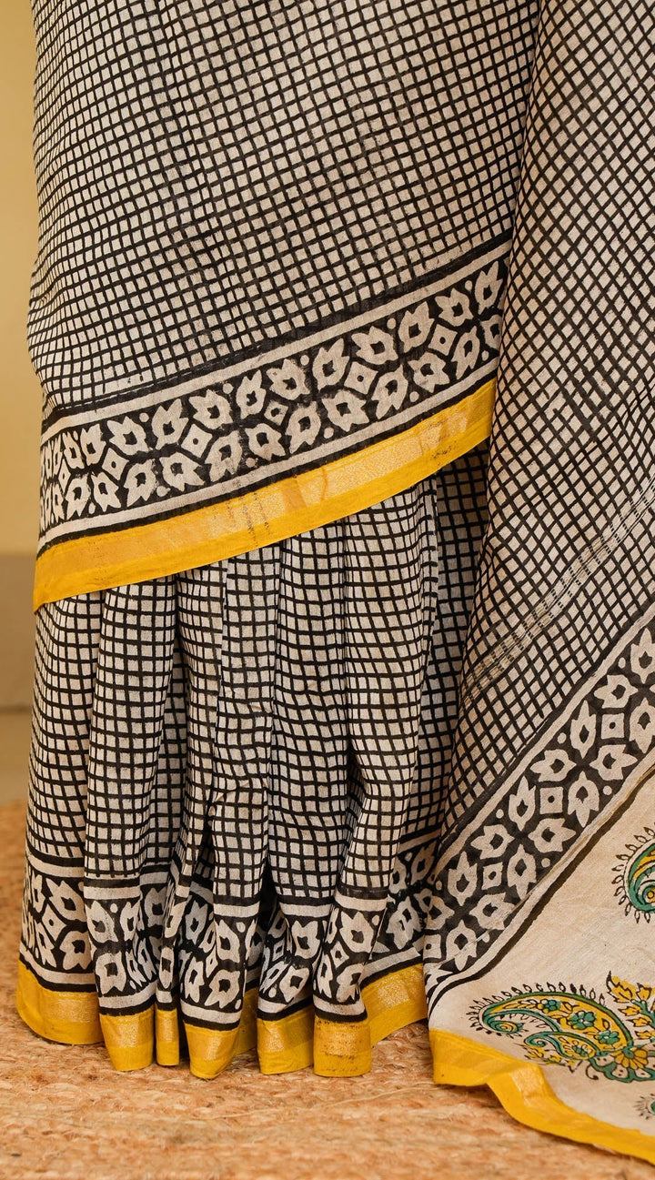 White Black Bagru Handblock printed Chanderi Silk Cotton Saree Check Mate | SHOBITAM