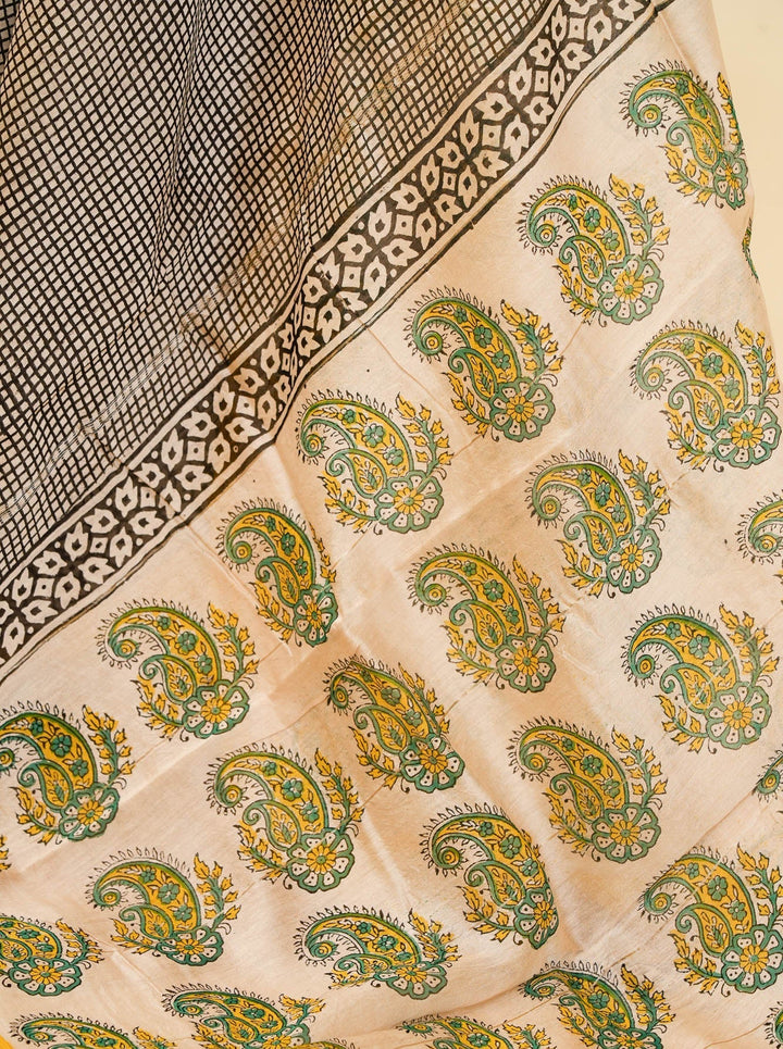 White Black Bagru Handblock printed Chanderi Silk Cotton Saree Check Mate | SHOBITAM