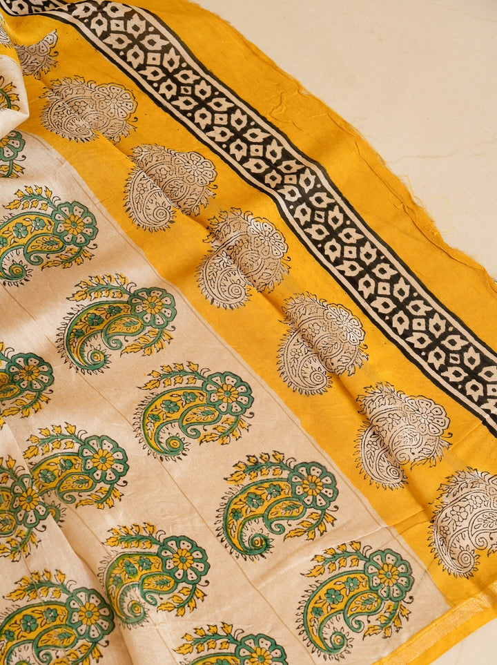 White Black Bagru Handblock printed Chanderi Silk Cotton Saree Check Mate | SHOBITAM