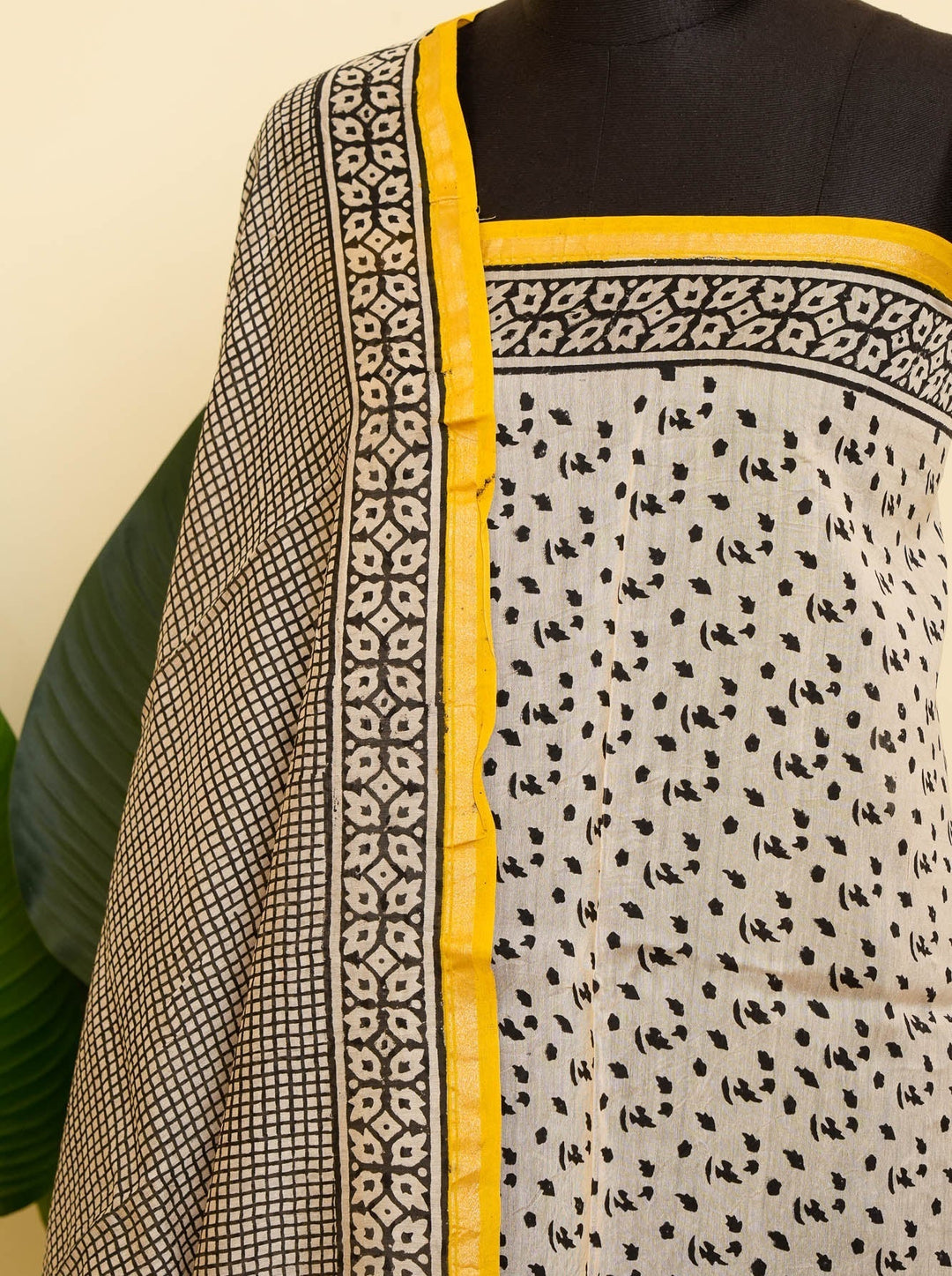 White Black Bagru Handblock printed Chanderi Silk Cotton Saree Check Mate | SHOBITAM