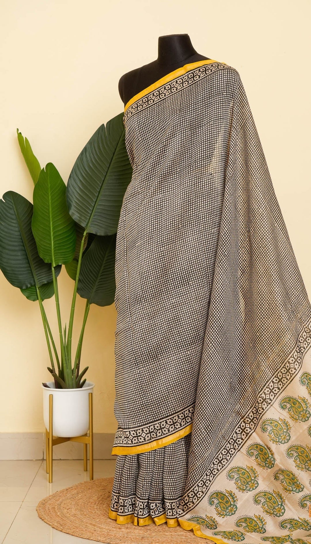 White Black Bagru Handblock printed Chanderi Silk Cotton Saree Check Mate | SHOBITAM
