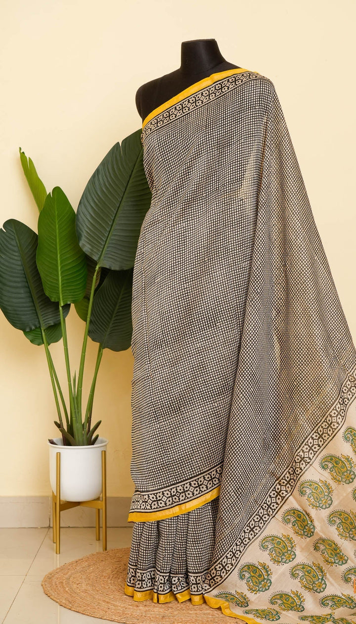 White Black Bagru Handblock printed Chanderi Silk Cotton Saree Check Mate | SHOBITAM