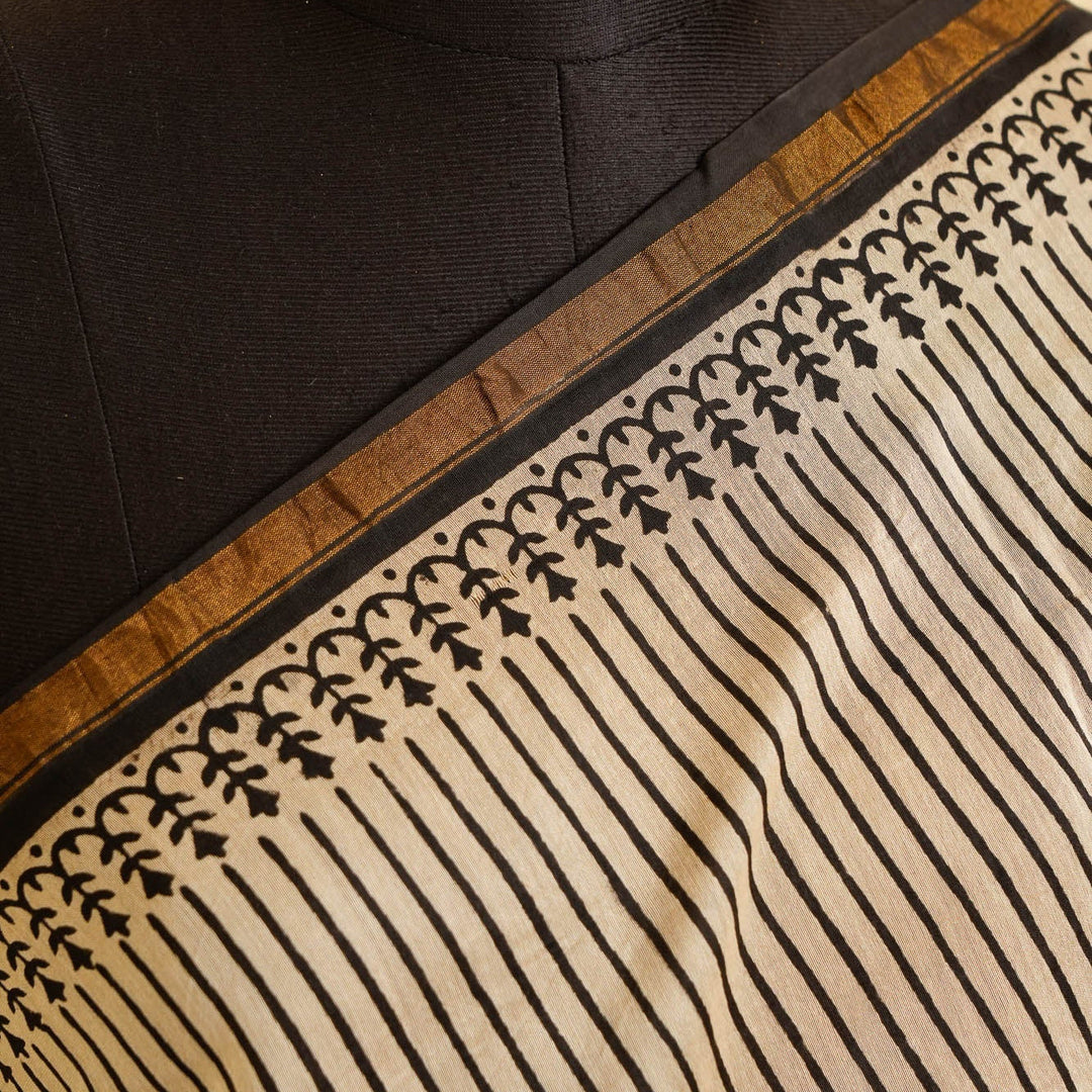 White Black Bagru Handblock printed Chanderi Silk Cotton Saree Geometry | SHOBITAM