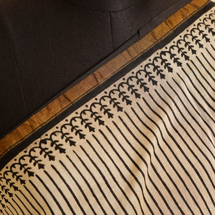 White Black Bagru Handblock printed Chanderi Silk Cotton Saree Geometry | SHOBITAM