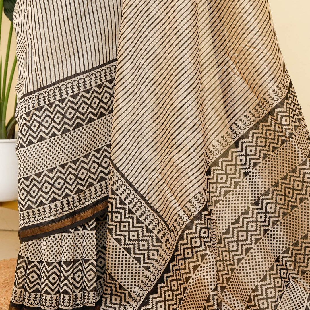 White Black Bagru Handblock printed Chanderi Silk Cotton Saree Geometry | SHOBITAM