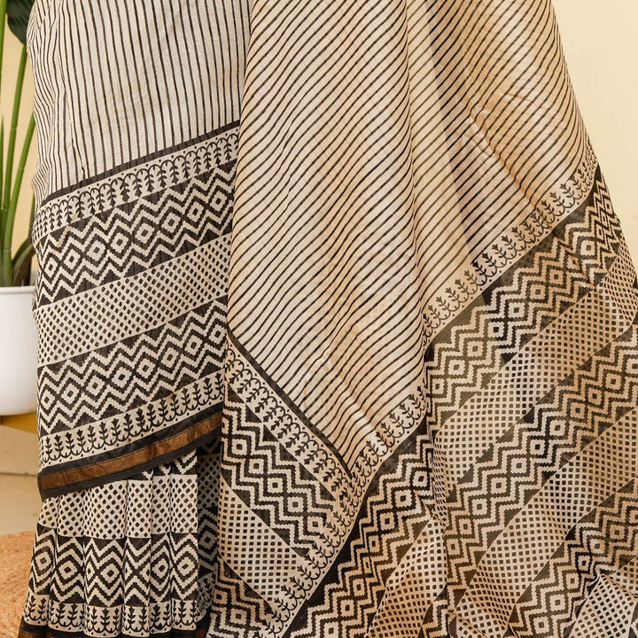 White Black Bagru Handblock printed Chanderi Silk Cotton Saree Geometry | SHOBITAM