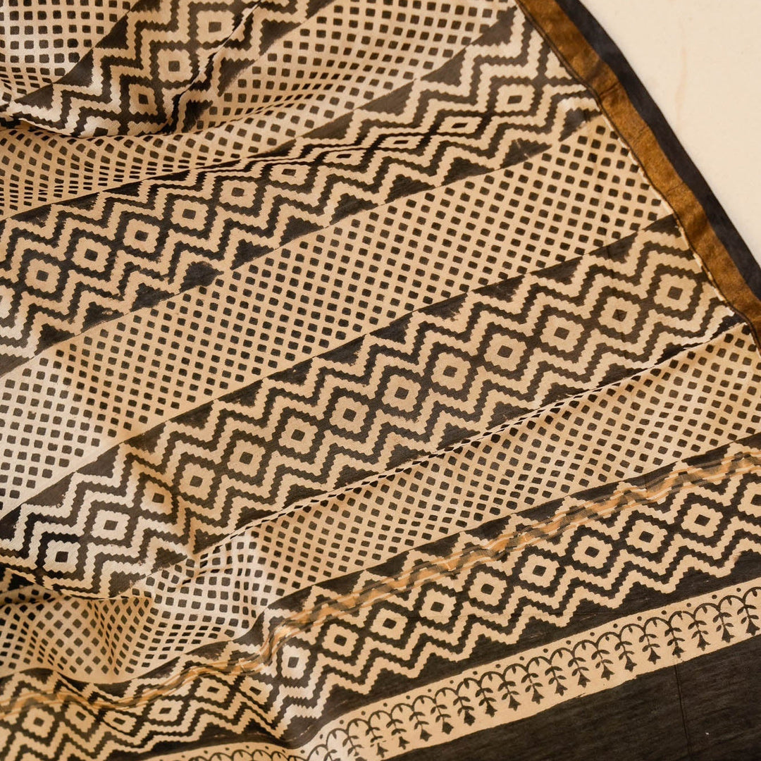 White Black Bagru Handblock printed Chanderi Silk Cotton Saree Geometry | SHOBITAM