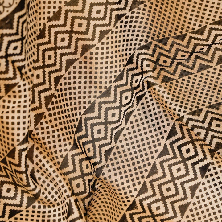 White Black Bagru Handblock printed Chanderi Silk Cotton Saree Geometry | SHOBITAM