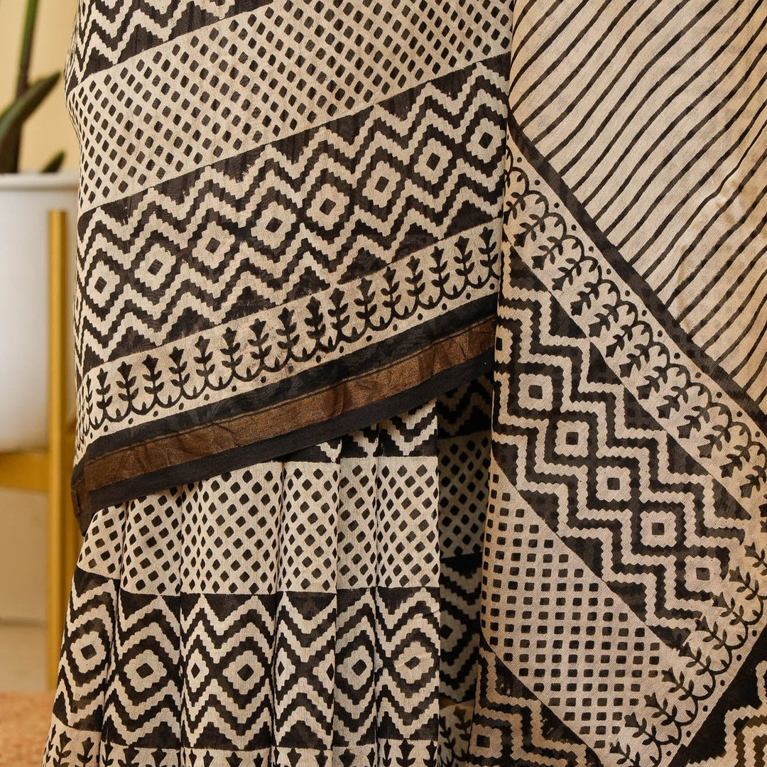 White Black Bagru Handblock printed Chanderi Silk Cotton Saree Geometry | SHOBITAM