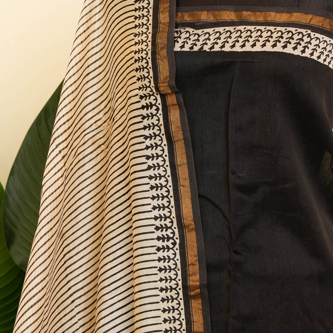 White Black Bagru Handblock printed Chanderi Silk Cotton Saree Geometry | SHOBITAM