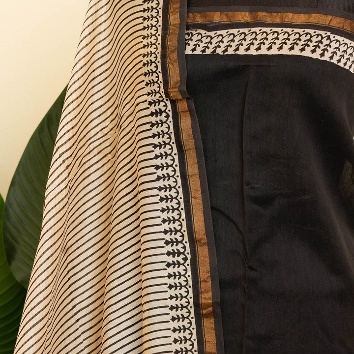 White Black Bagru Handblock printed Chanderi Silk Cotton Saree Geometry | SHOBITAM