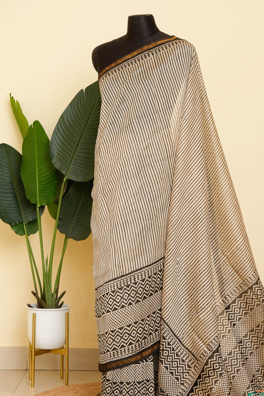 White Black Bagru Handblock printed Chanderi Silk Cotton Saree Geometry | SHOBITAM