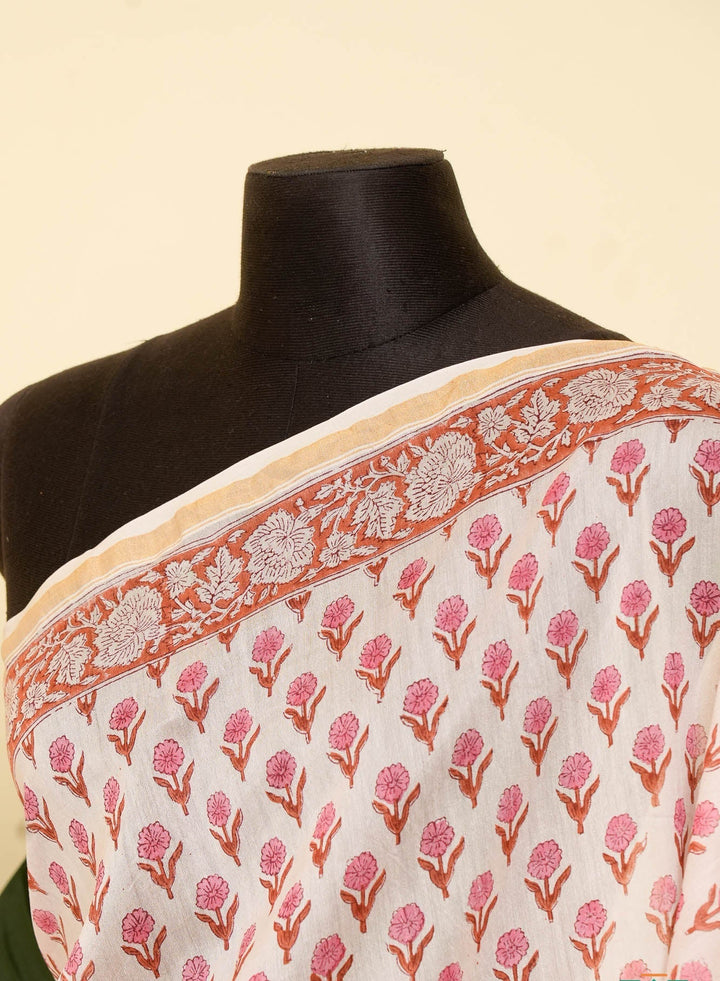 White Floral Bagru Handblock printed Chanderi Silk Cotton Saree Floral Fashion