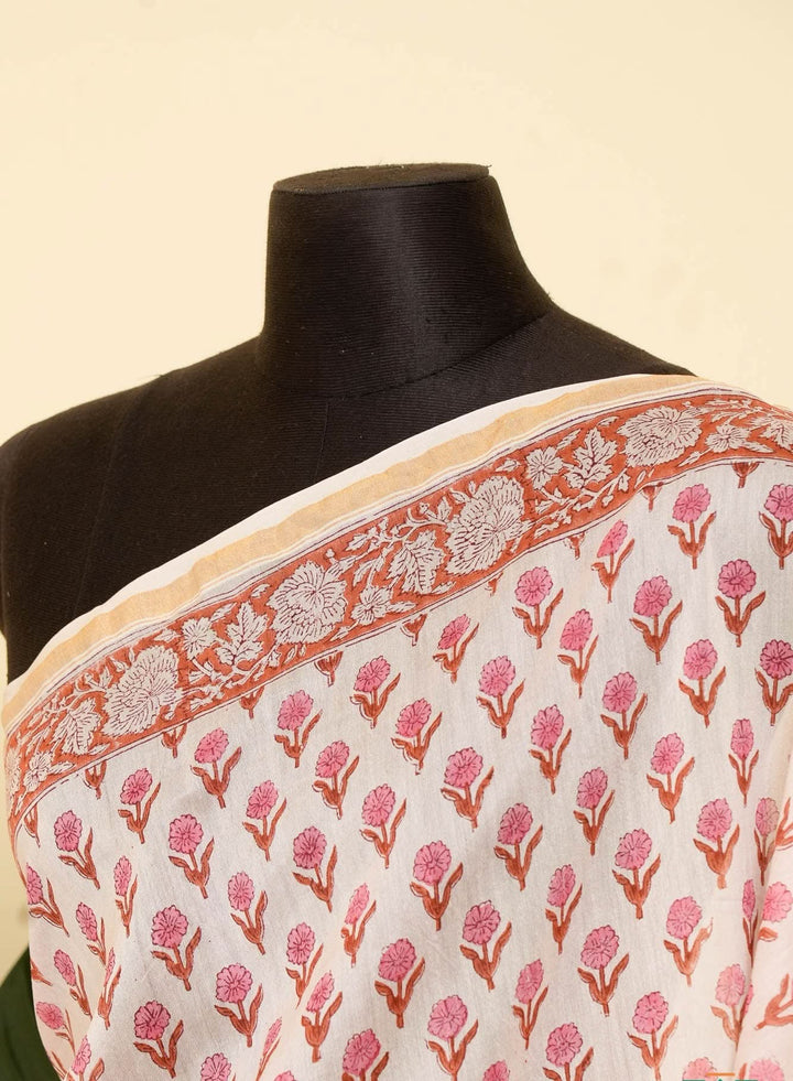 White Floral Bagru Handblock printed Chanderi Silk Cotton Saree Floral Fashion | SHOBITAM