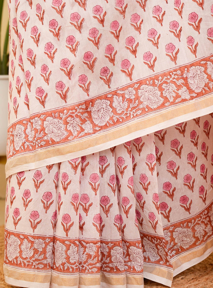 White Floral Bagru Handblock printed Chanderi Silk Cotton Saree Floral Fashion