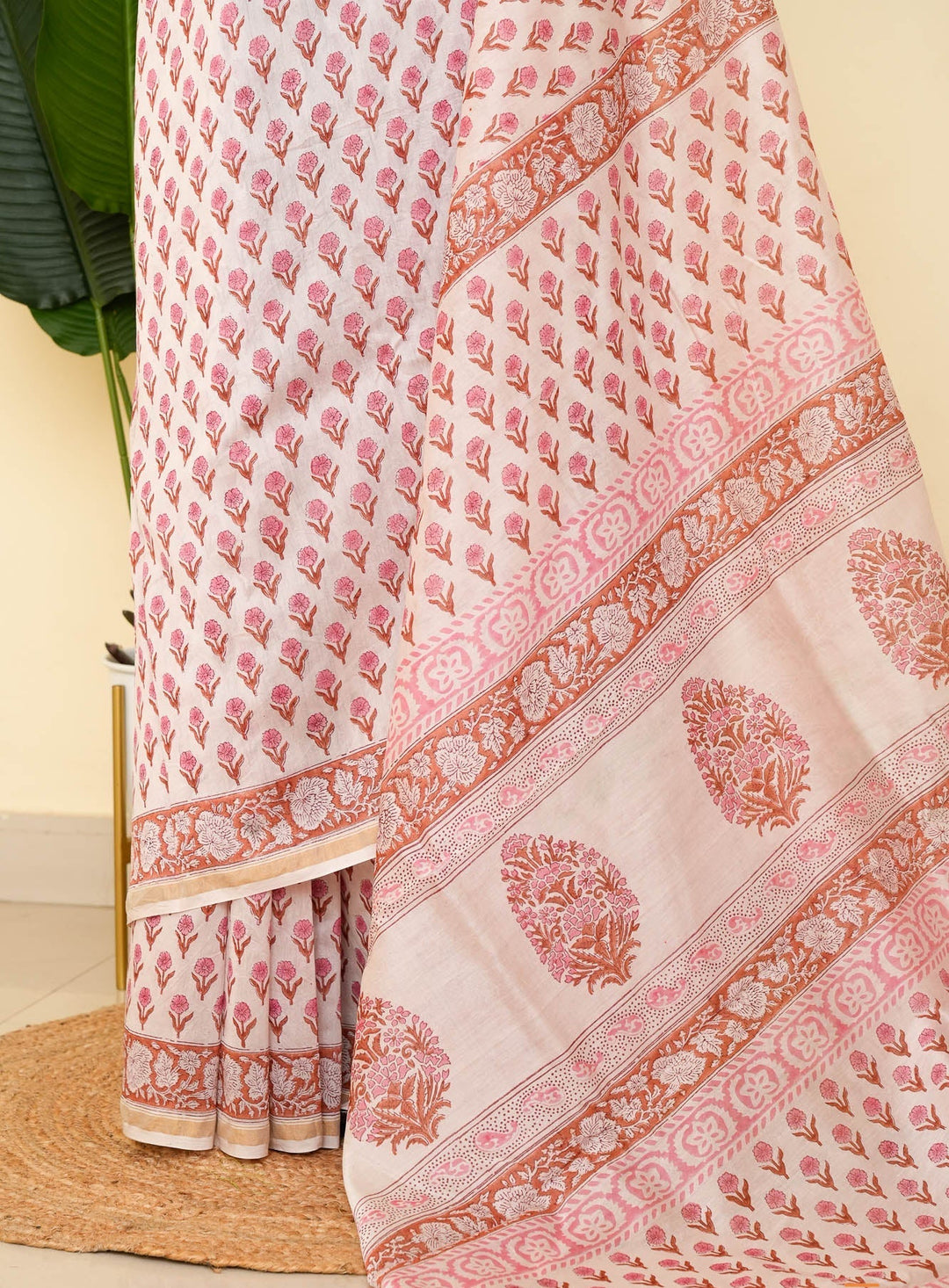 White Floral Bagru Handblock printed Chanderi Silk Cotton Saree Floral Fashion
