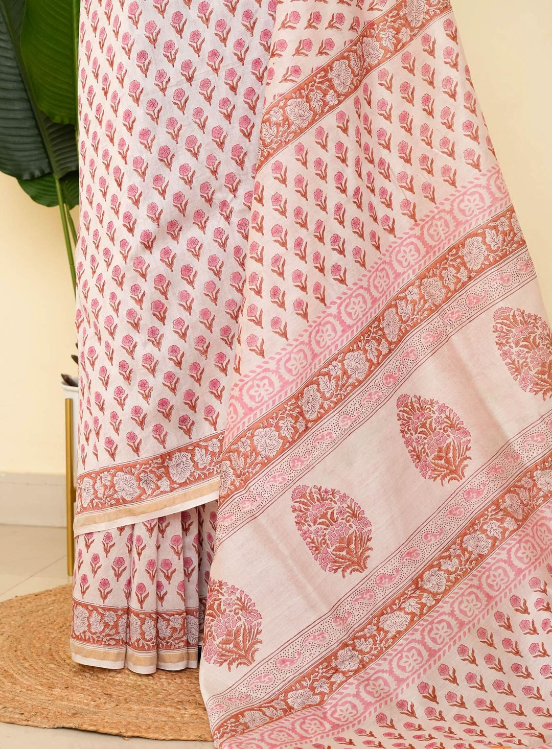 White Floral Bagru Handblock printed Chanderi Silk Cotton Saree Floral Fashion | SHOBITAM