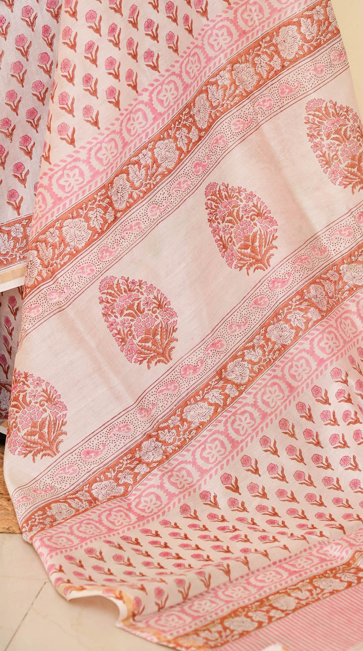 White Floral Bagru Handblock printed Chanderi Silk Cotton Saree Floral Fashion