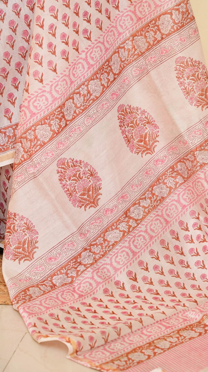 White Floral Bagru Handblock printed Chanderi Silk Cotton Saree Floral Fashion | SHOBITAM