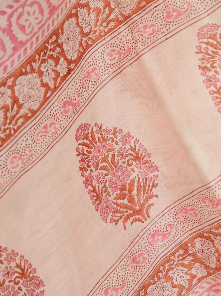 White Floral Bagru Handblock printed Chanderi Silk Cotton Saree Floral Fashion | SHOBITAM