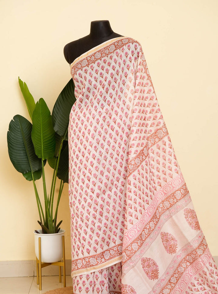 White Floral Bagru Handblock printed Chanderi Silk Cotton Saree Floral Fashion