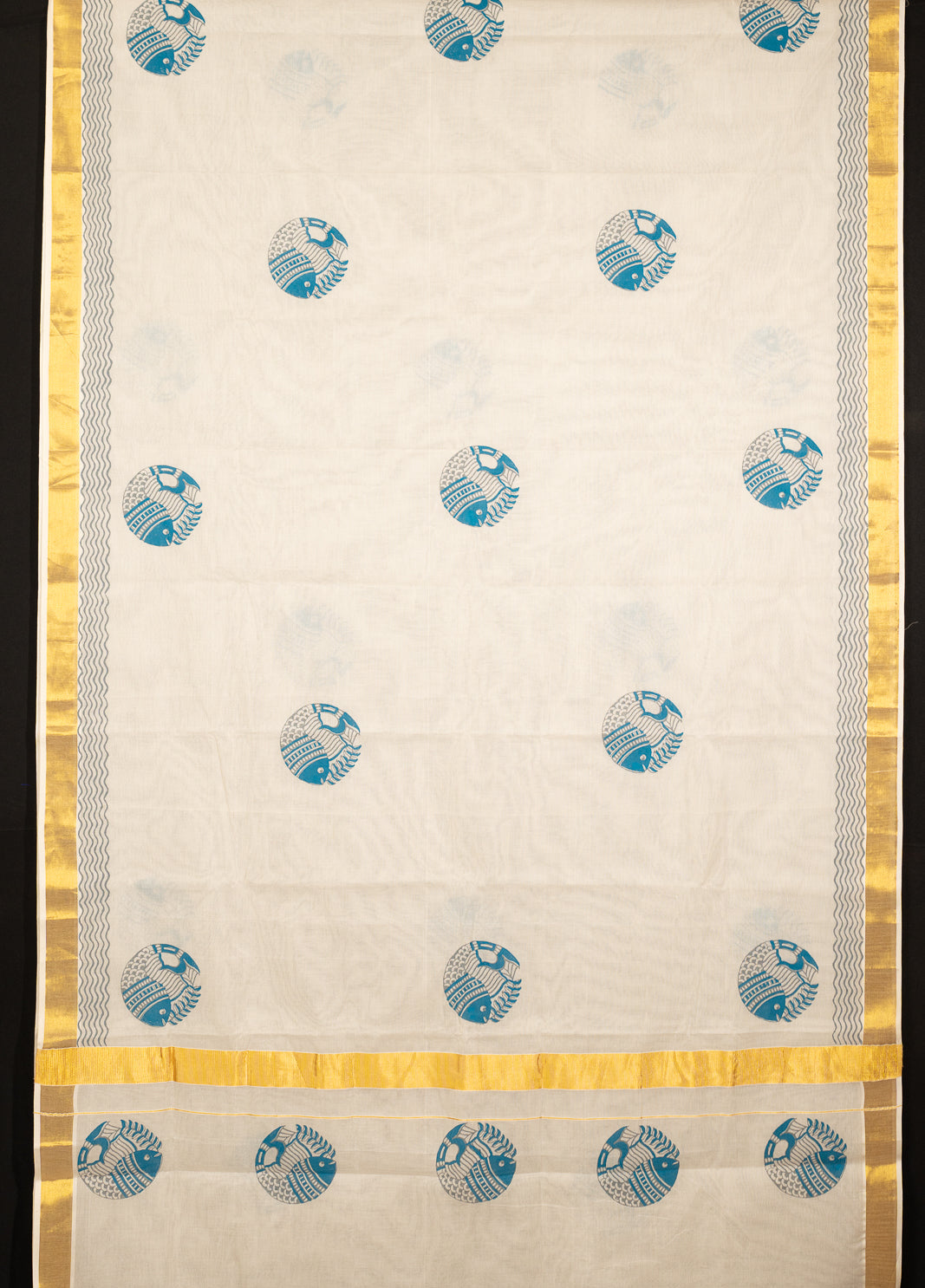 White Kasavu Fish Motif Zari Border Jugalbandhi Saree Meen | SHOBITAM