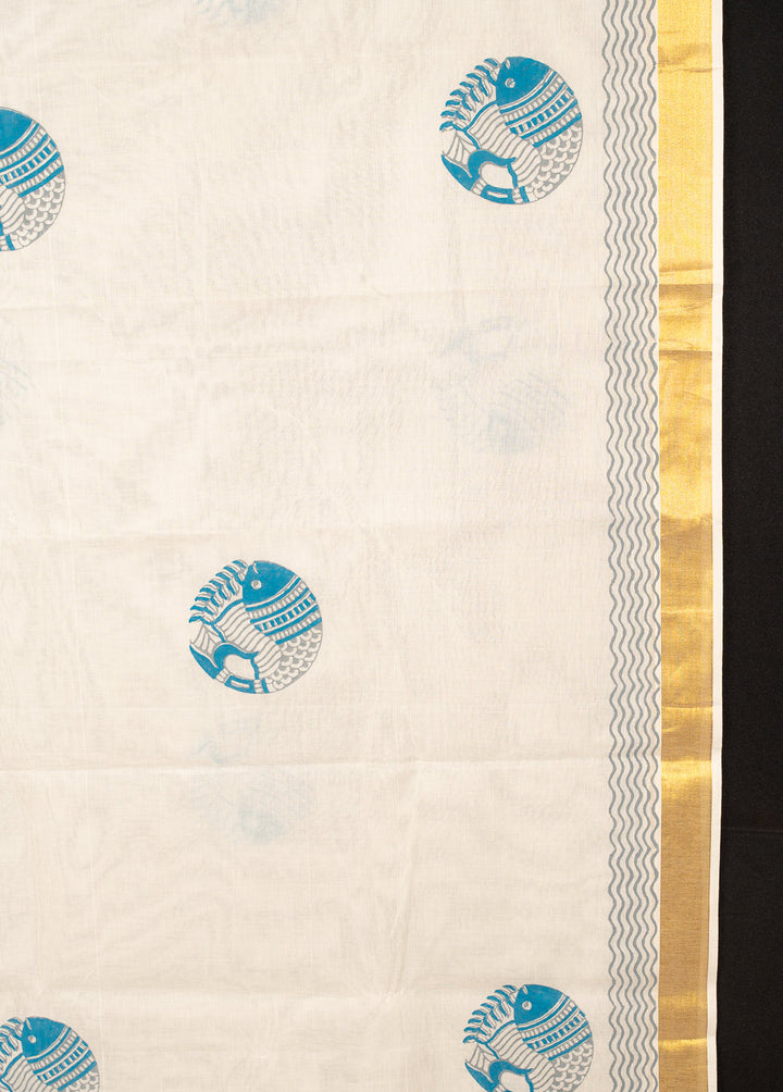 White Kasavu Fish Motif Zari Border Jugalbandhi Saree Meen | SHOBITAM