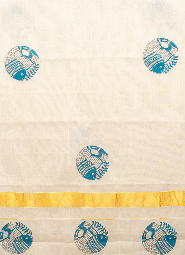 White Kasavu Fish Motif Zari Border Jugalbandhi Saree Meen | SHOBITAM
