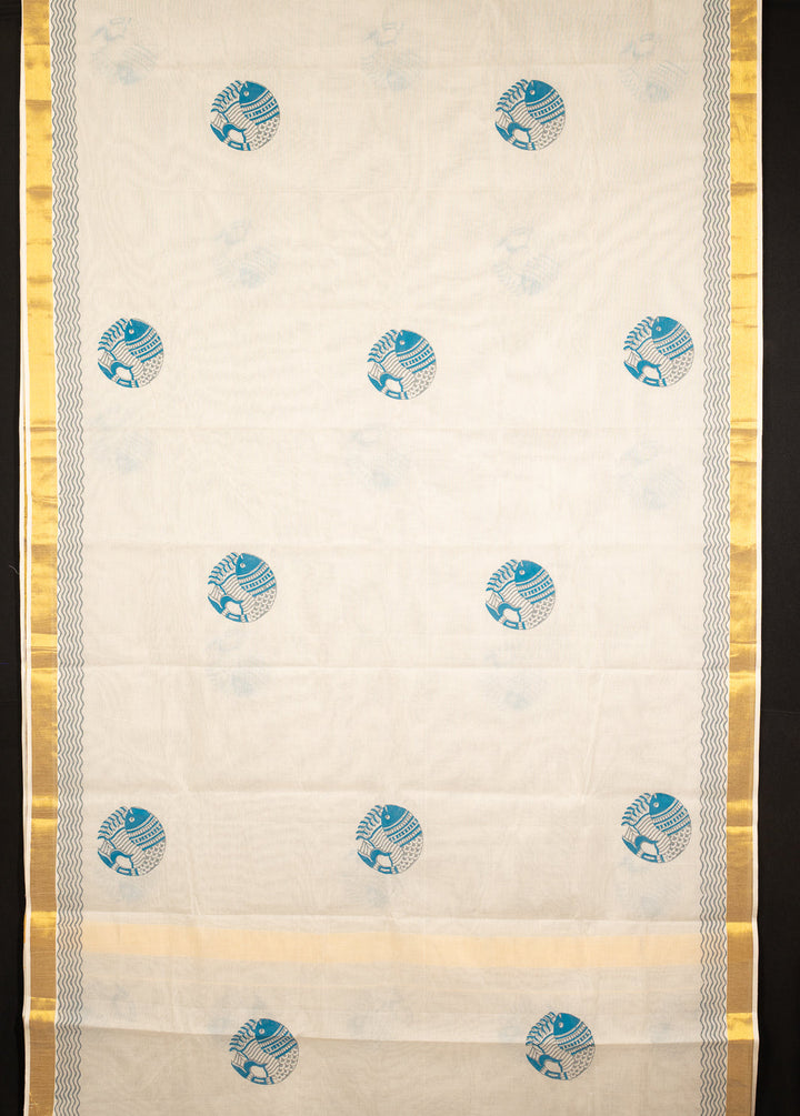 White Kasavu Fish Motif Zari Border Jugalbandhi Saree Meen | SHOBITAM