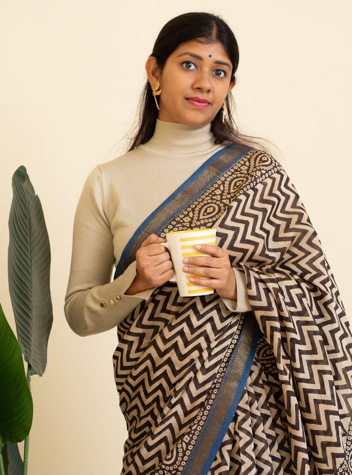 White with Black Bagru Handblock printed Maheshwari Silk Cotton Saree Strategy Queen | SHOBITAM