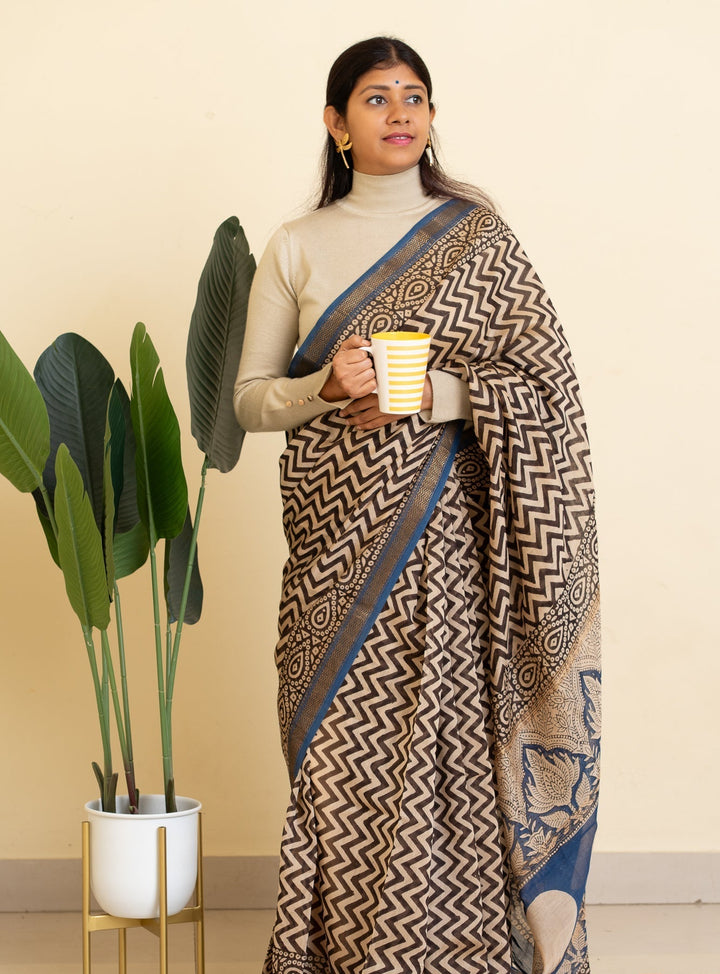 White with Black Bagru Handblock printed Maheshwari Silk Cotton Saree Strategy Queen | SHOBITAM